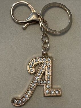 Crystal-Embellished Letter A Keychain, Gold Tone